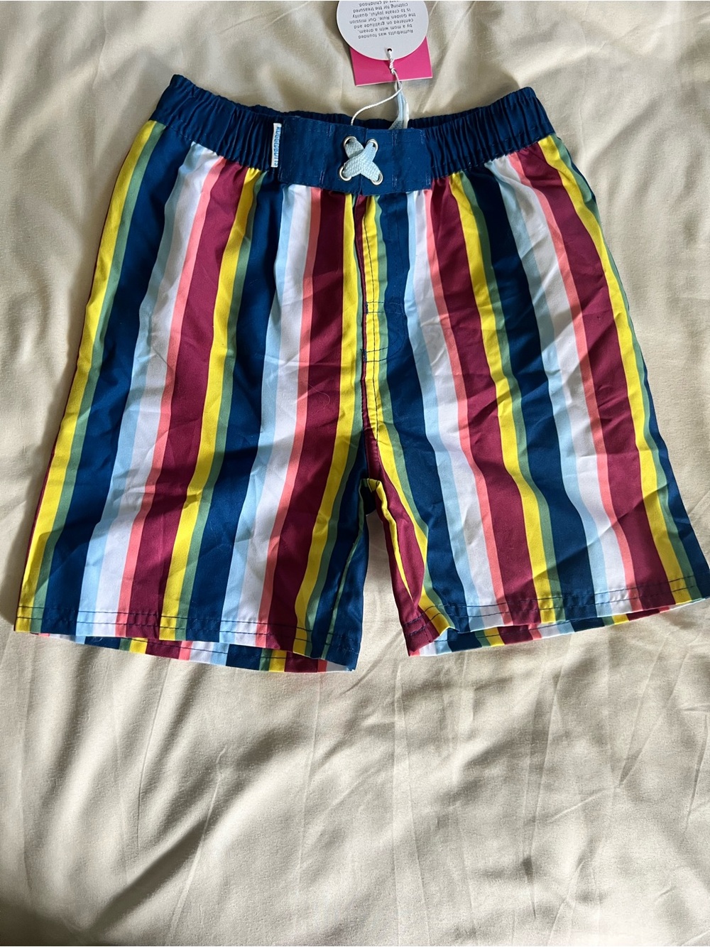 RuffleButts Boys Rainbow Stripe Swim Trunks - Navy, Yellow, Pink, etc Size 6